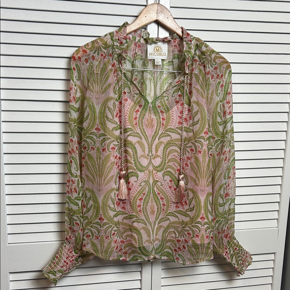 Nicoblu ARTEMISIA CHIFFON BLOUSE IN DELICATE FERNS chiffon top L - Picture 6 of 11